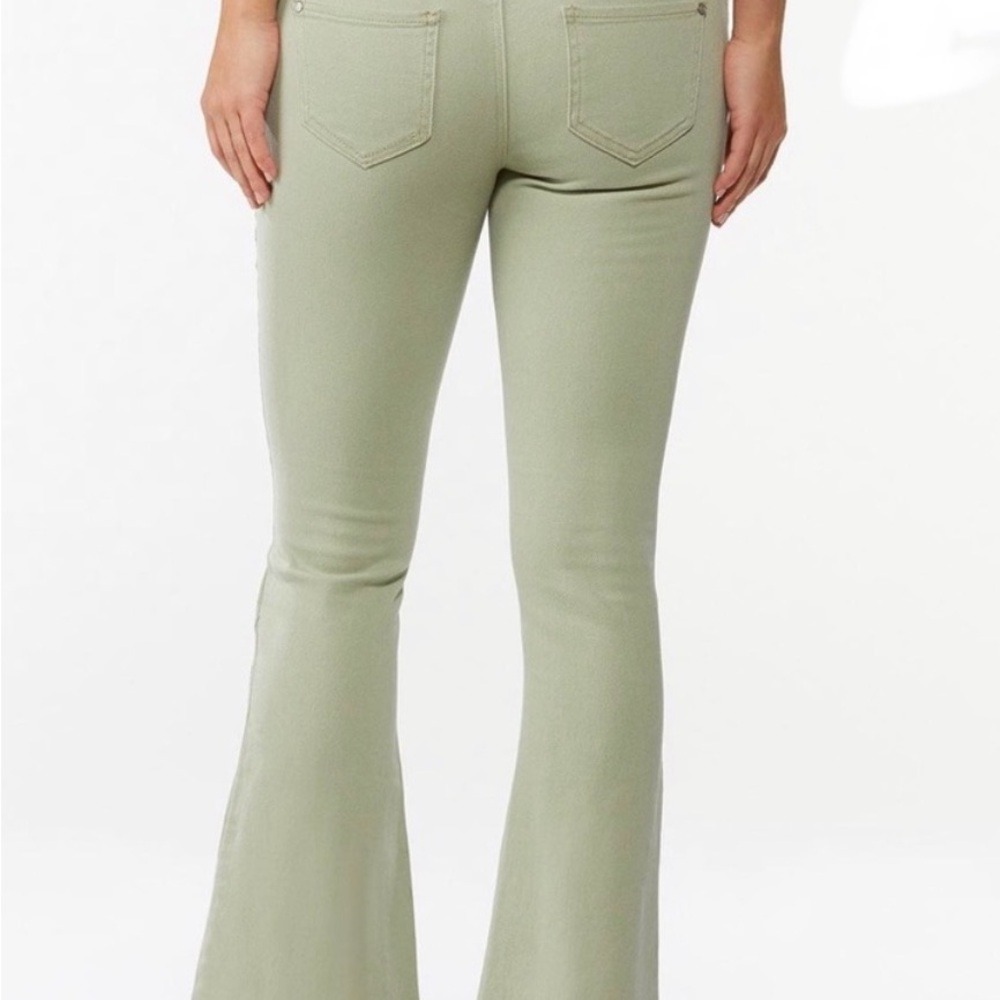 Est. 1946 Denim Sage Green Super Hi-Rise Flare Distressed Jeans 18WP Fringe Hem - Picture 2 of 13
